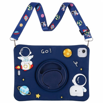 For iPad Air (2020) / (2022) Protective Kickstand Case Astronaut Design Silicone Tablet Cover with Strap