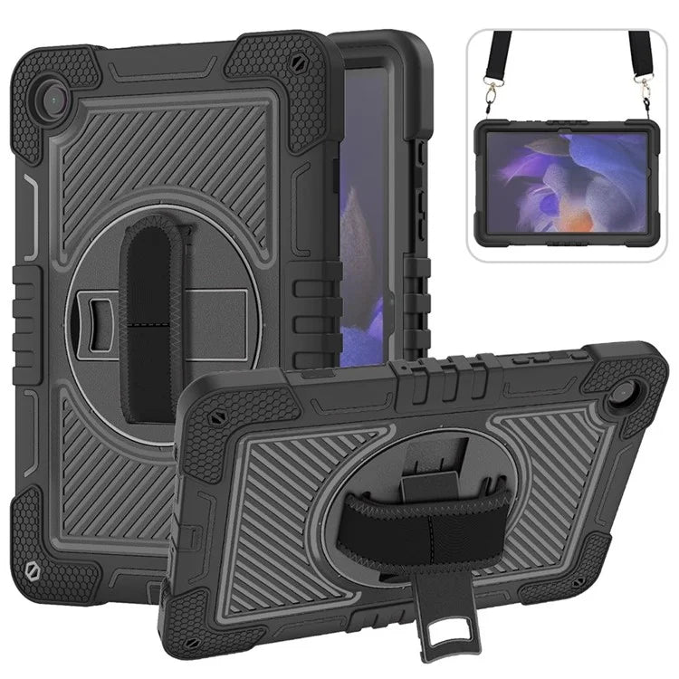For Samsung Galaxy Tab A9+ Kickstand Case Silicone+PC Protective Cover with Wrist Band / Shoulder Strap