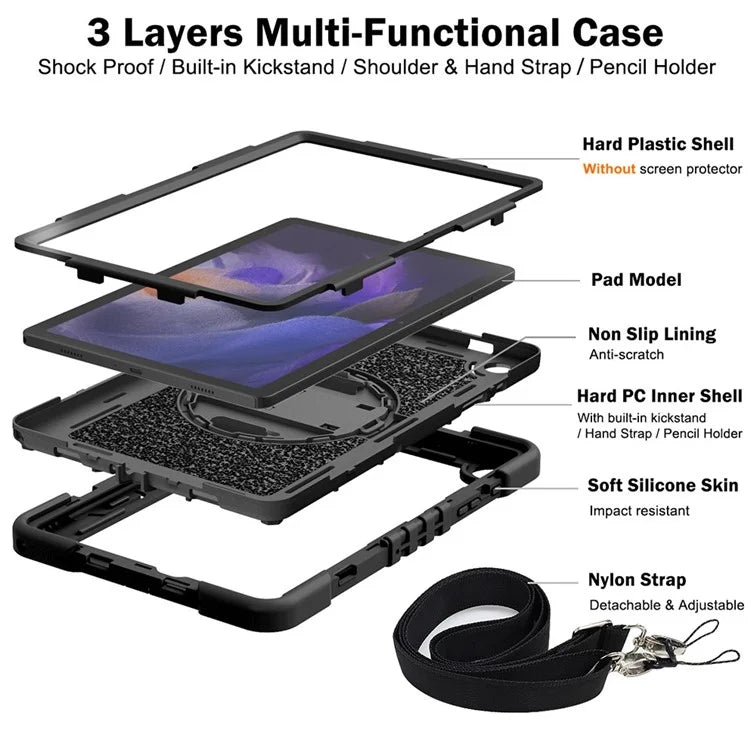 For Samsung Galaxy Tab A9+ Kickstand Case Silicone+PC Protective Cover with Wrist Band / Shoulder Strap