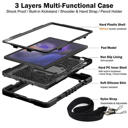 For Samsung Galaxy Tab A9+ Kickstand Case Silicone+PC Protective Cover with Wrist Band / Shoulder Strap