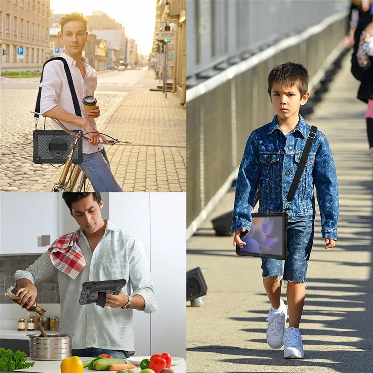 For Samsung Galaxy Tab A9+ Kickstand Case Silicone+PC Protective Cover with Wrist Band / Shoulder Strap