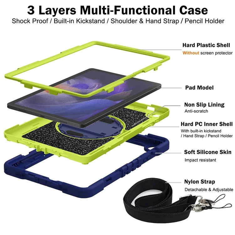 For Samsung Galaxy Tab A9+ Kickstand Case Silicone+PC Protective Cover with Wrist Band / Shoulder Strap