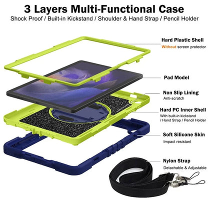 For Samsung Galaxy Tab A9+ Kickstand Case Silicone+PC Protective Cover with Wrist Band / Shoulder Strap