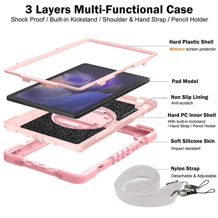 For Samsung Galaxy Tab A9+ Kickstand Case Silicone+PC Protective Cover with Wrist Band / Shoulder Strap