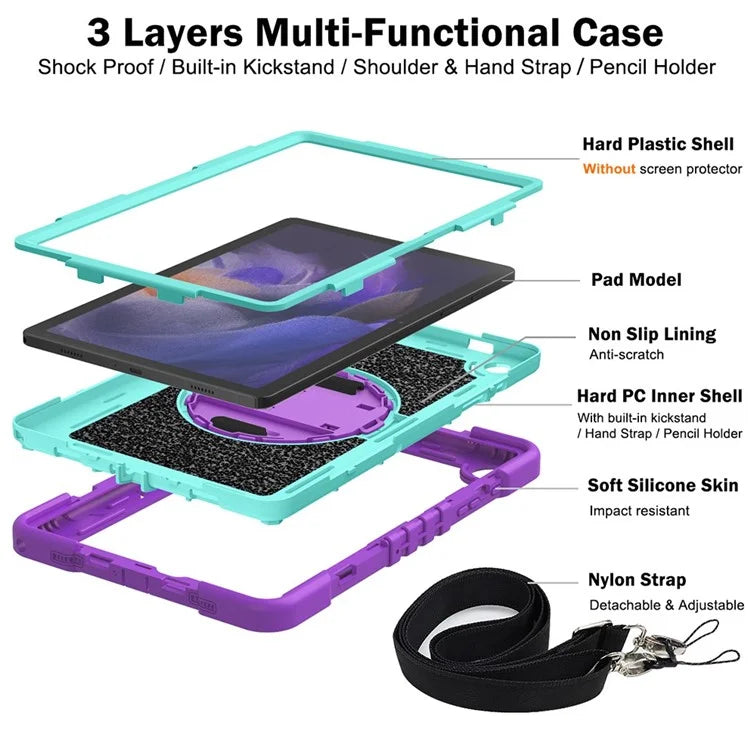 For Samsung Galaxy Tab A9+ Kickstand Case Silicone+PC Protective Cover with Wrist Band / Shoulder Strap
