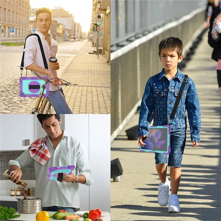 For Samsung Galaxy Tab A9+ Kickstand Case Silicone+PC Protective Cover with Wrist Band / Shoulder Strap