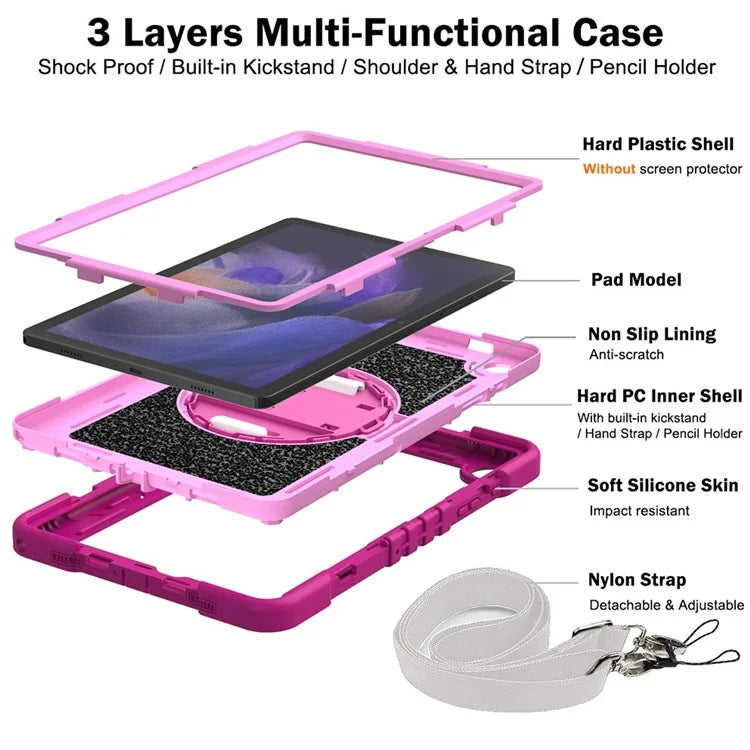 For Samsung Galaxy Tab A9+ Kickstand Case Silicone+PC Protective Cover with Wrist Band / Shoulder Strap