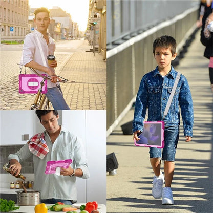 For Samsung Galaxy Tab A9+ Kickstand Case Silicone+PC Protective Cover with Wrist Band / Shoulder Strap