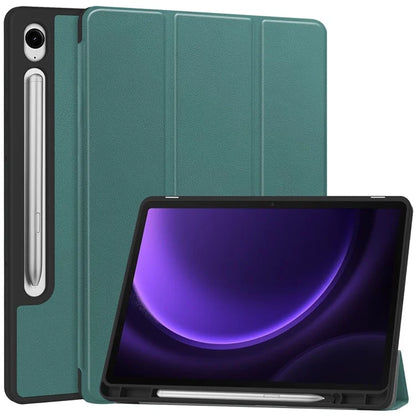 For Samsung Galaxy Tab S9 FE / Tab S9 Smart Case PU Leather+TPU Trifold Stand Tablet Cover with Pencil Holderish Green