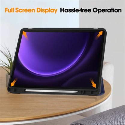 For Samsung Galaxy Tab S9 FE / Tab S9 Smart Case PU Leather+TPU Trifold Stand Tablet Cover with Pencil Holder