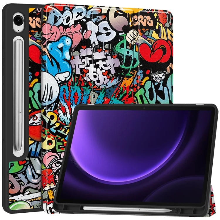 For Samsung Galaxy Tab S9 FE / Tab S9 Case Leather Pattern Printing Smart Tablet Cover with Pencil Holder