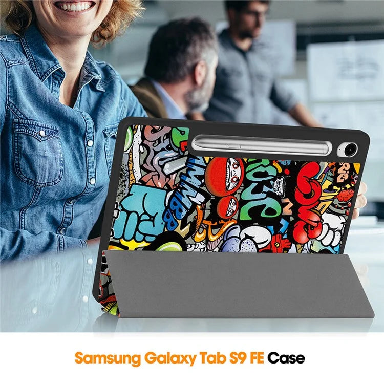 For Samsung Galaxy Tab S9 FE / Tab S9 Case Leather Pattern Printing Smart Tablet Cover with Pencil Holder