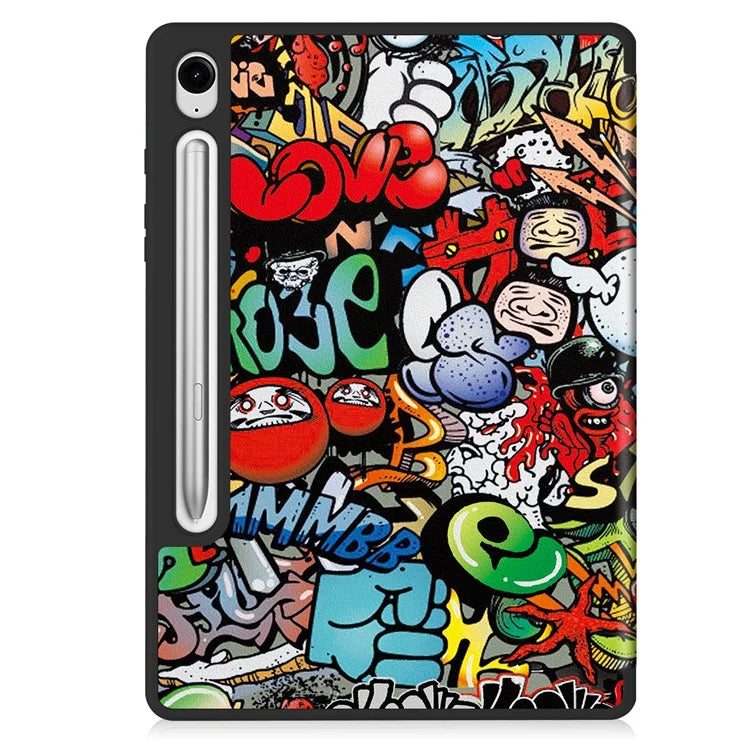 For Samsung Galaxy Tab S9 FE / Tab S9 Case Leather Pattern Printing Smart Tablet Cover with Pencil Holder