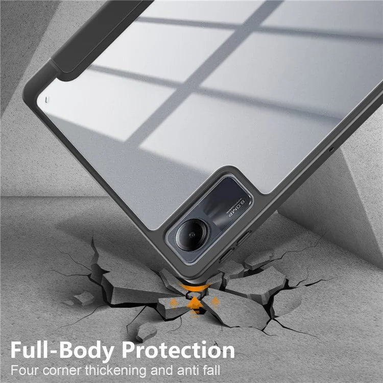 For Xiaomi Redmi Pad SE Tri-fold Stand Smart Case Leather+TPU+Acrylic Tablet Cover with Pen Slot