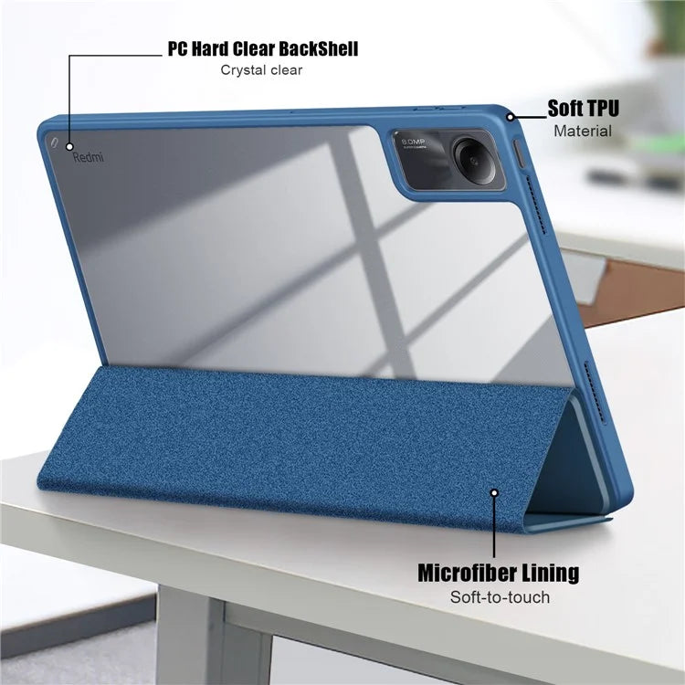 For Xiaomi Redmi Pad SE Tri-fold Stand Smart Case Leather+TPU+Acrylic Tablet Cover with Pen Slot