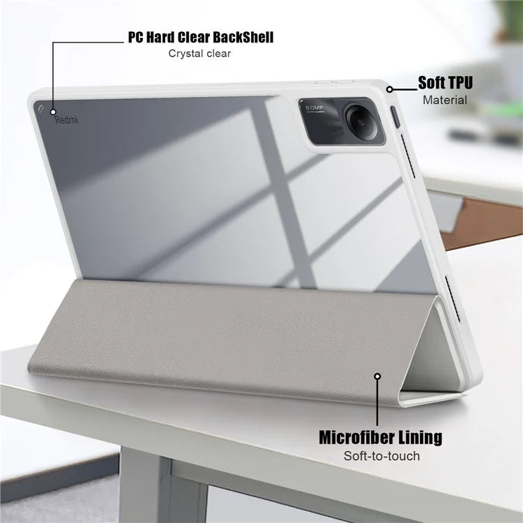 For Xiaomi Redmi Pad SE Tri-fold Stand Smart Case Leather+TPU+Acrylic Tablet Cover with Pen Slot