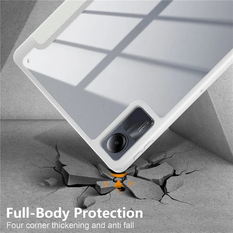 For Xiaomi Redmi Pad SE Tri-fold Stand Smart Case Leather+TPU+Acrylic Tablet Cover with Pen Slot
