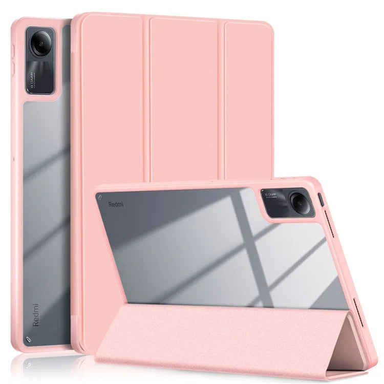 For Xiaomi Redmi Pad SE Tri-fold Stand Smart Case Leather+TPU+Acrylic Tablet Cover with Pen Slot