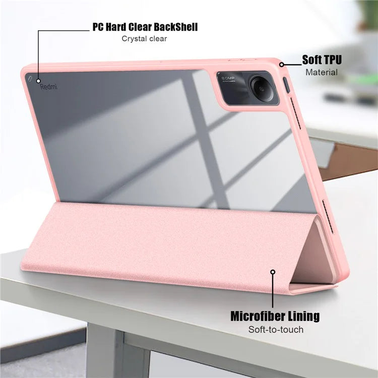 For Xiaomi Redmi Pad SE Tri-fold Stand Smart Case Leather+TPU+Acrylic Tablet Cover with Pen Slot