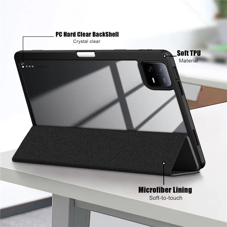 For Xiaomi Redmi Pad 6 Tri-fold Stand Cover with Pen Slot Leather+TPU+Acrylic Tablet Case