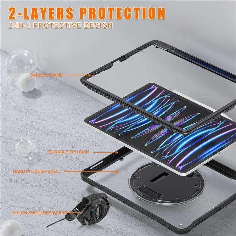 For iPad Pro 12.9 (2018) / (2020) / (2021) / (2022) Case Kickstand Tablet Cover with Shoulder Strap / Hand Strap