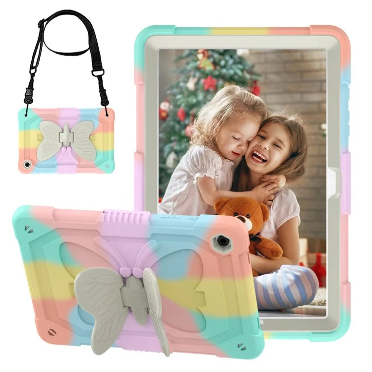 For Samsung Galaxy Tab A9+ Tablet Case Butterfly Shape Silicone + PC Kickstand Phone Cover with Shoulder Strap