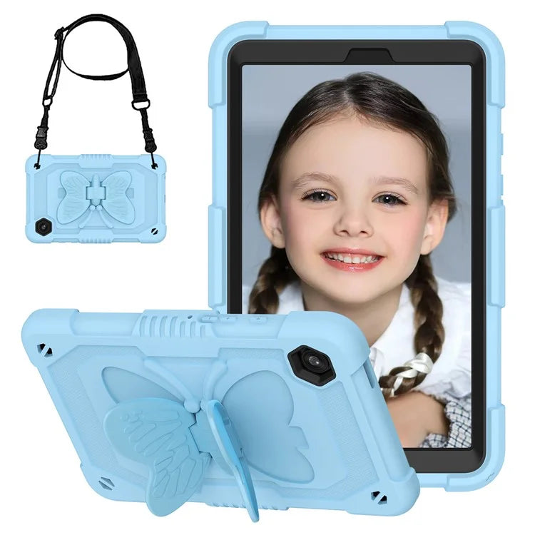 For Samsung Galaxy Tab A9  Tablet Case Butterfly Shape Silicone + PC Protective Cover with Shoulder Strap