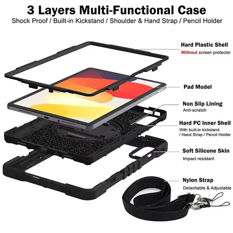 For Xiaomi Redmi Pad SE Kickstand Cover Wrist Strap Protective Silicone+PC Tablet Case with Shoulder Strap