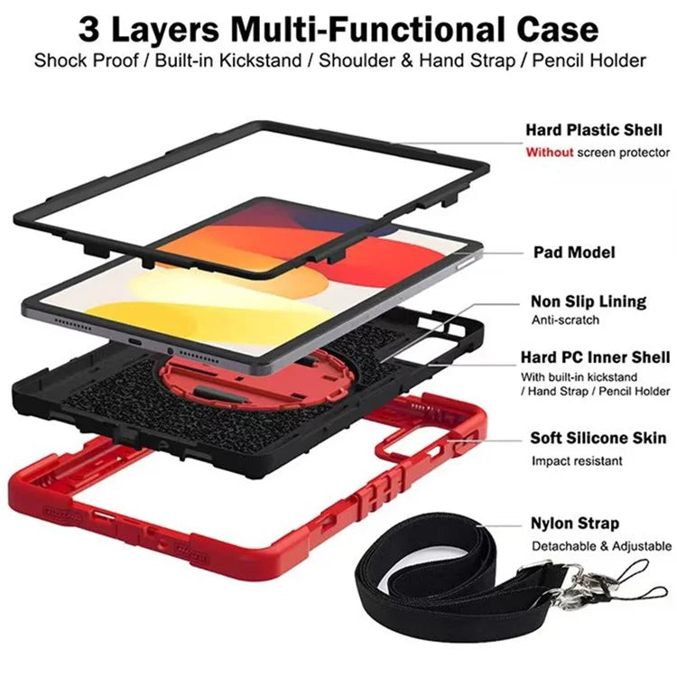 For Xiaomi Redmi Pad SE Kickstand Cover Wrist Strap Protective Silicone+PC Tablet Case with Shoulder Strap