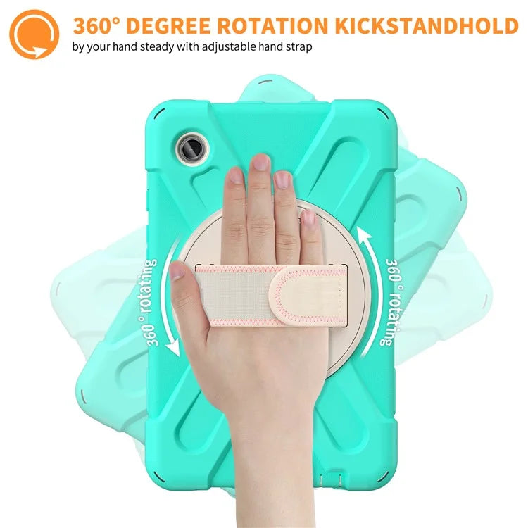 For Samsung Galaxy Tab A9 Case Rotary Kickstand PC+Silicone Hand Strap Tablet Cover