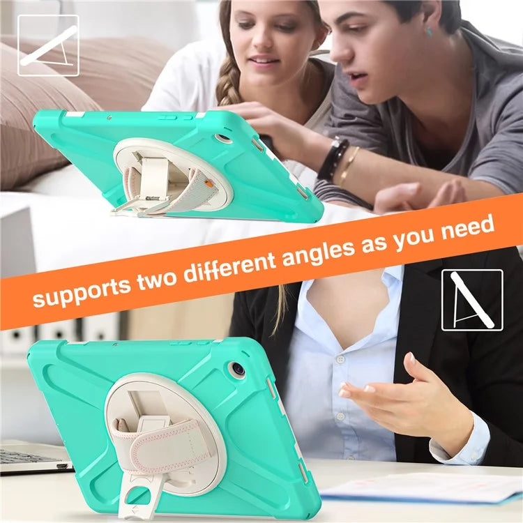 For Samsung Galaxy Tab A9+ Case PC+Silicone Rotary Kickstand Cover with Hand Strap