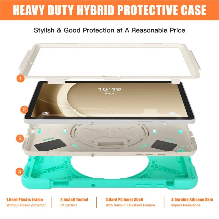 For Samsung Galaxy Tab A9+ Case PC+Silicone Rotary Kickstand Cover with Hand Strap