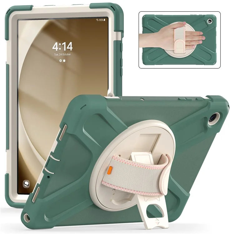 For Samsung Galaxy Tab A9+ Case PC+Silicone Rotary Kickstand Cover with Hand Strap