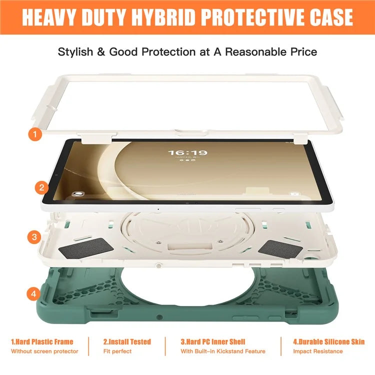 For Samsung Galaxy Tab A9+ Case PC+Silicone Rotary Kickstand Cover with Hand Strap