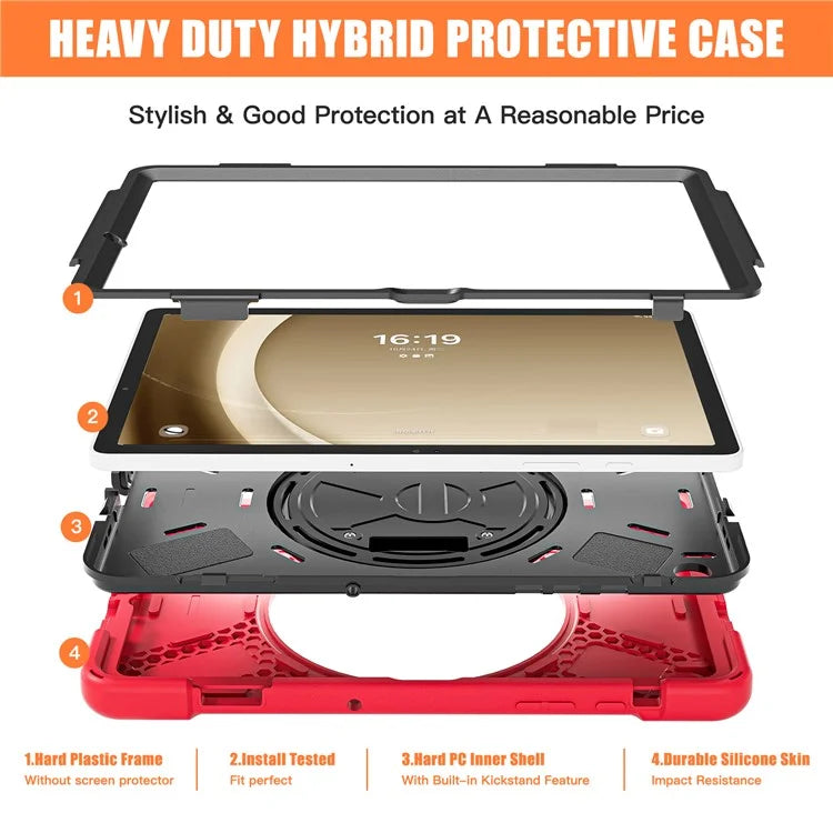 For Samsung Galaxy Tab A9+ Case PC+Silicone Rotary Kickstand Cover with Hand Strap