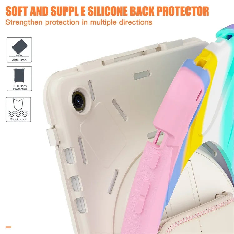For Samsung Galaxy Tab A9+ Case PC+Silicone Rotary Kickstand Cover with Hand Strap