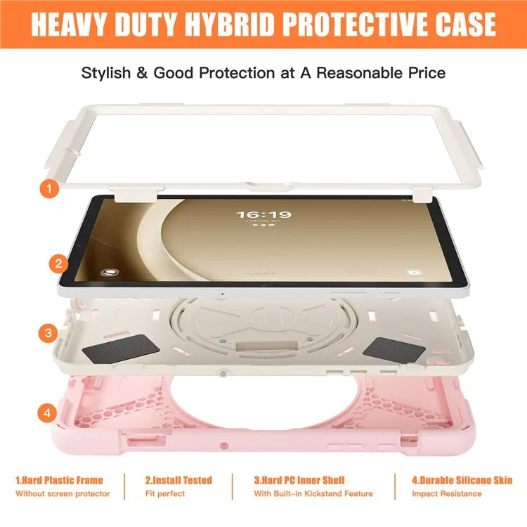 For Samsung Galaxy Tab A9+ Case PC+Silicone Rotary Kickstand Cover with Hand Strap