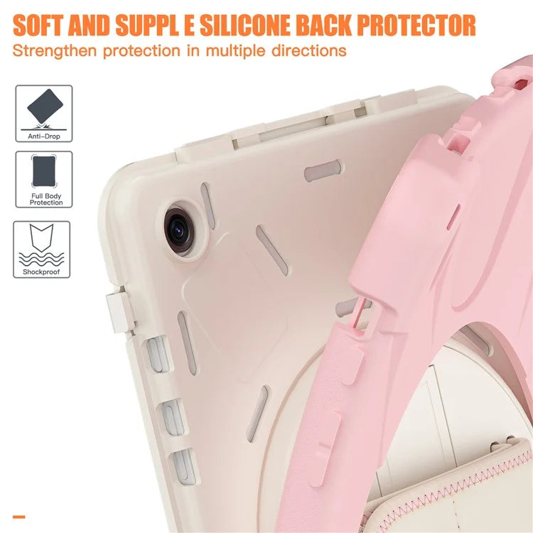 For Samsung Galaxy Tab A9+ Case PC+Silicone Rotary Kickstand Cover with Hand Strap