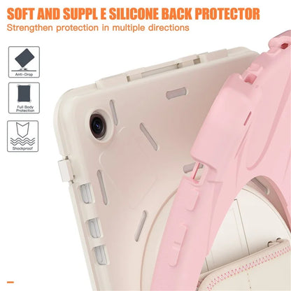 For Samsung Galaxy Tab A9+ Case PC+Silicone Rotary Kickstand Cover with Hand Strap