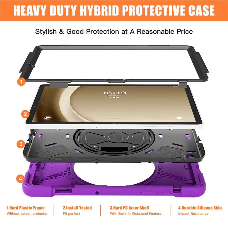 For Samsung Galaxy Tab A9+ Case PC+Silicone Rotary Kickstand Cover with Hand Strap
