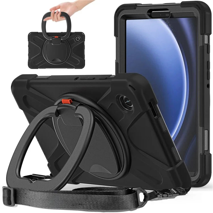 For Samsung Galaxy Tab A9 Case Rotary Kickstand PC+Silicone Cover with Shoulder Strap