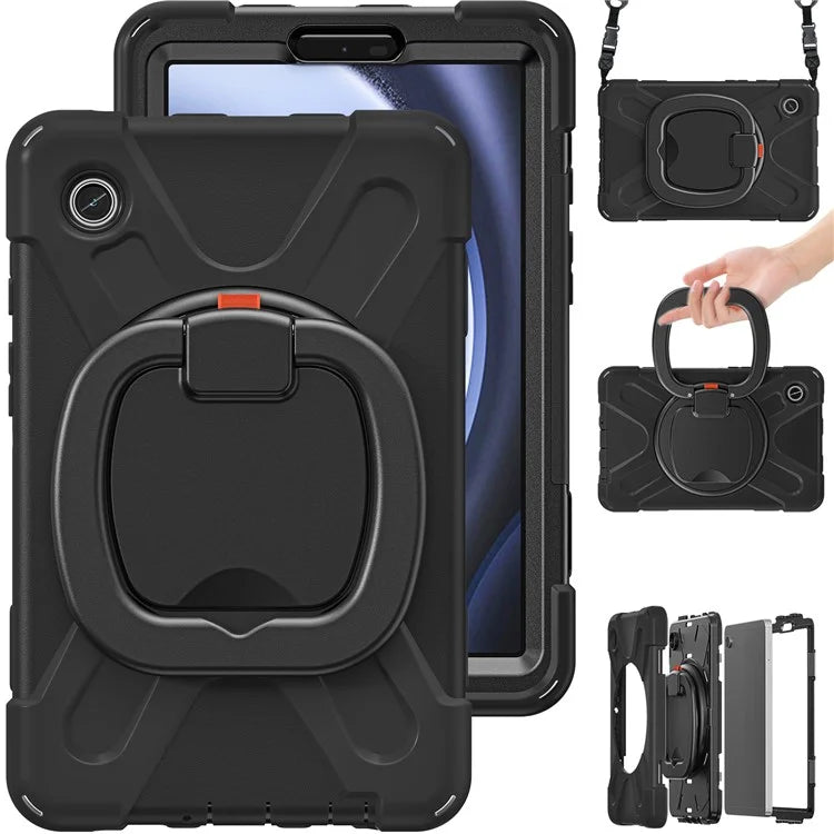 For Samsung Galaxy Tab A9 Case Rotary Kickstand PC+Silicone Cover with Shoulder Strap