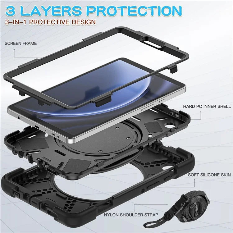 For Samsung Galaxy Tab A9 Case Rotary Kickstand PC+Silicone Cover with Shoulder Strap