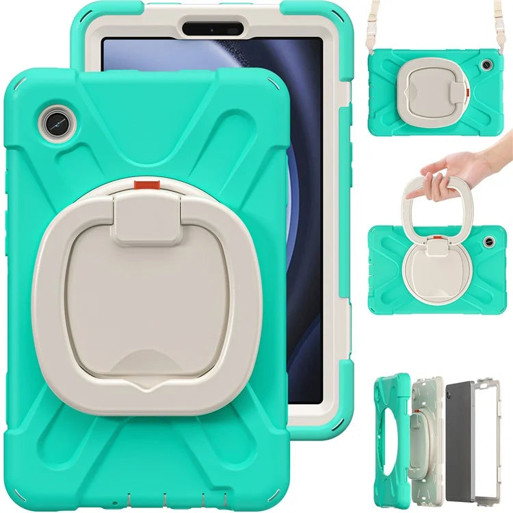 For Samsung Galaxy Tab A9 Case Rotary Kickstand PC+Silicone Cover with Shoulder Strap