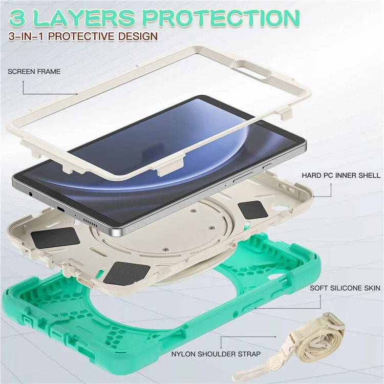 For Samsung Galaxy Tab A9 Case Rotary Kickstand PC+Silicone Cover with Shoulder Strap