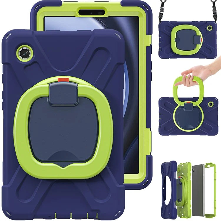 For Samsung Galaxy Tab A9 Case Rotary Kickstand PC+Silicone Cover with Shoulder Strap