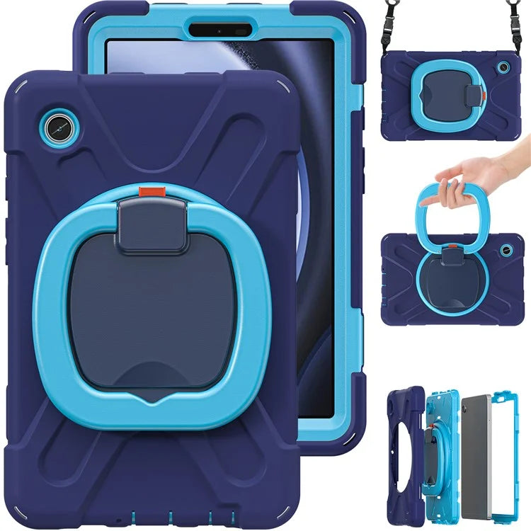 For Samsung Galaxy Tab A9 Case Rotary Kickstand PC+Silicone Cover with Shoulder Strap
