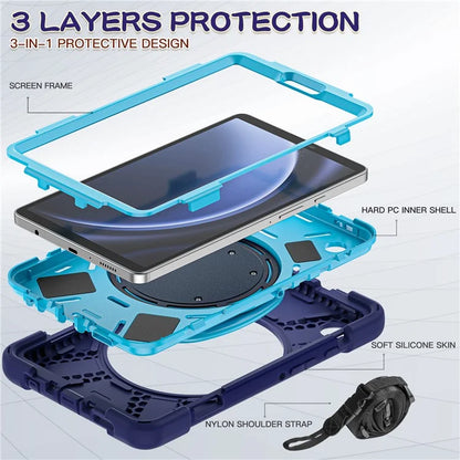 For Samsung Galaxy Tab A9 Case Rotary Kickstand PC+Silicone Cover with Shoulder Strap