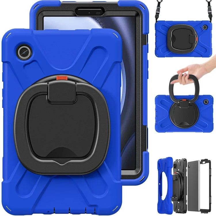 For Samsung Galaxy Tab A9 Case Rotary Kickstand PC+Silicone Cover with Shoulder Strap