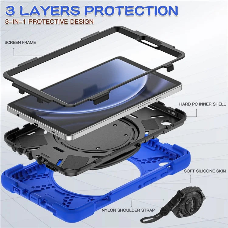 For Samsung Galaxy Tab A9 Case Rotary Kickstand PC+Silicone Cover with Shoulder Strap